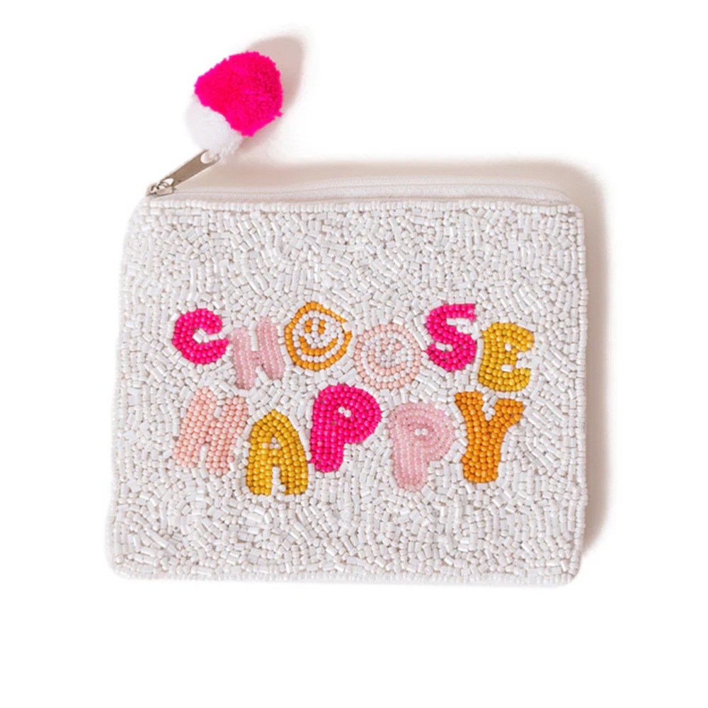 "Choose Happy" White Beaded Coin Purse with Pom Pom Detail, White Multi, NWOT